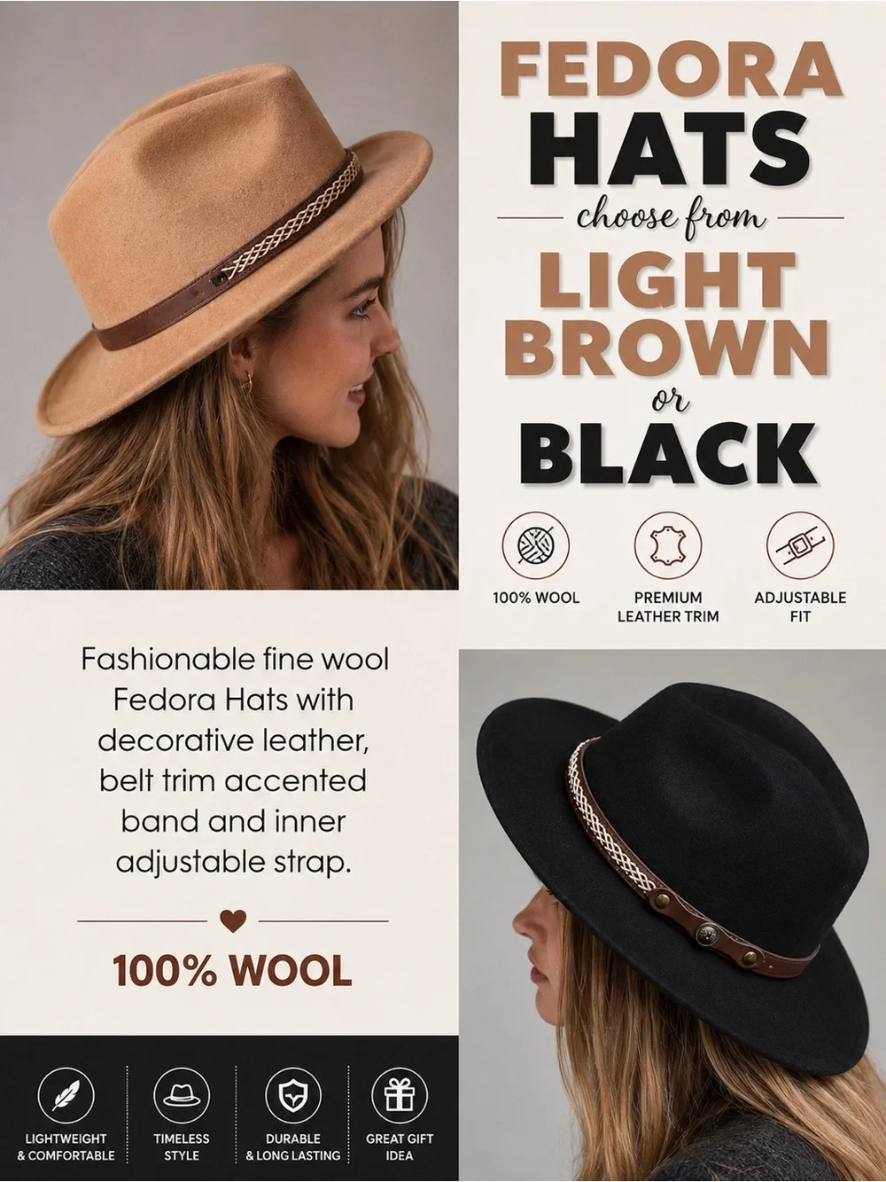Fedora Hats Light Brown or Black